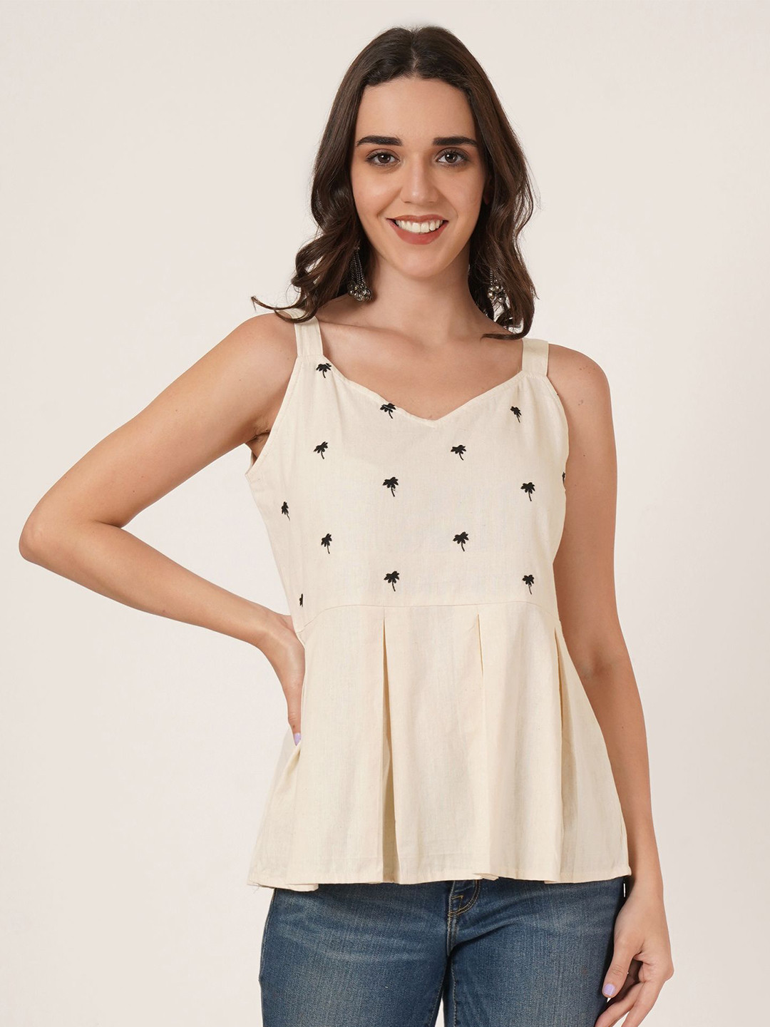 Brownverse Embellished Embroidered Cotton Top