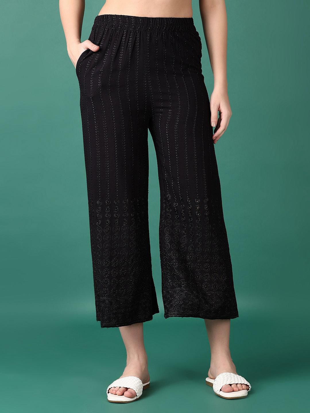 V-Mart Ethnic Motifs Embroidered High-Rise Wrinkle Free Trousers