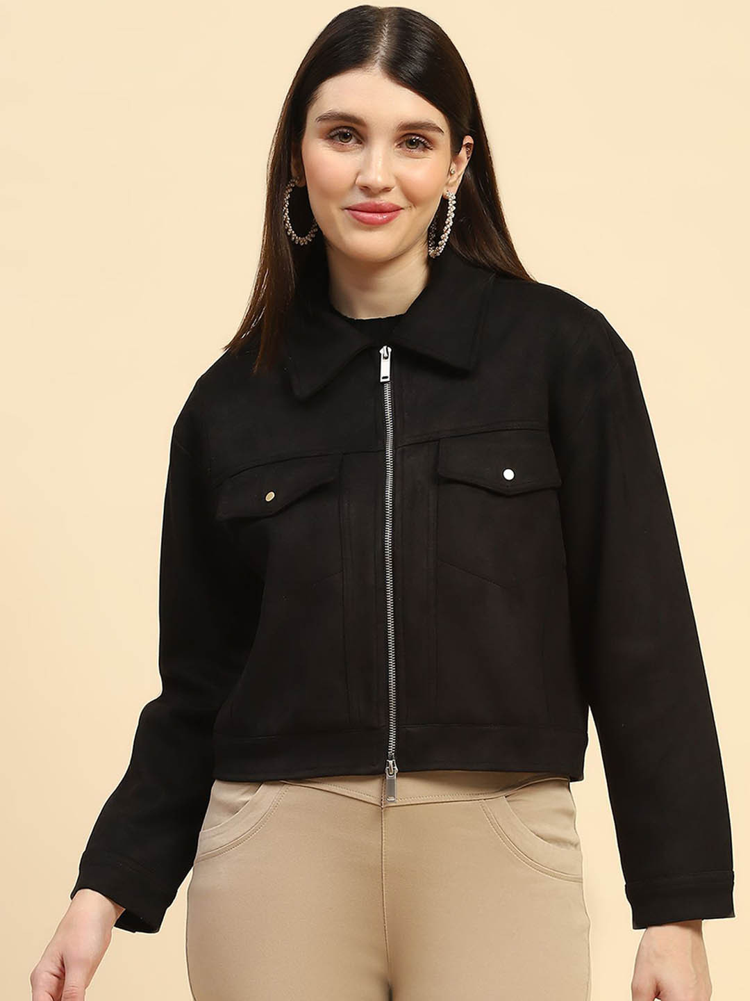 Global Republic Women Suede Lightweight Outdoor Denim Jacket with Embroidered