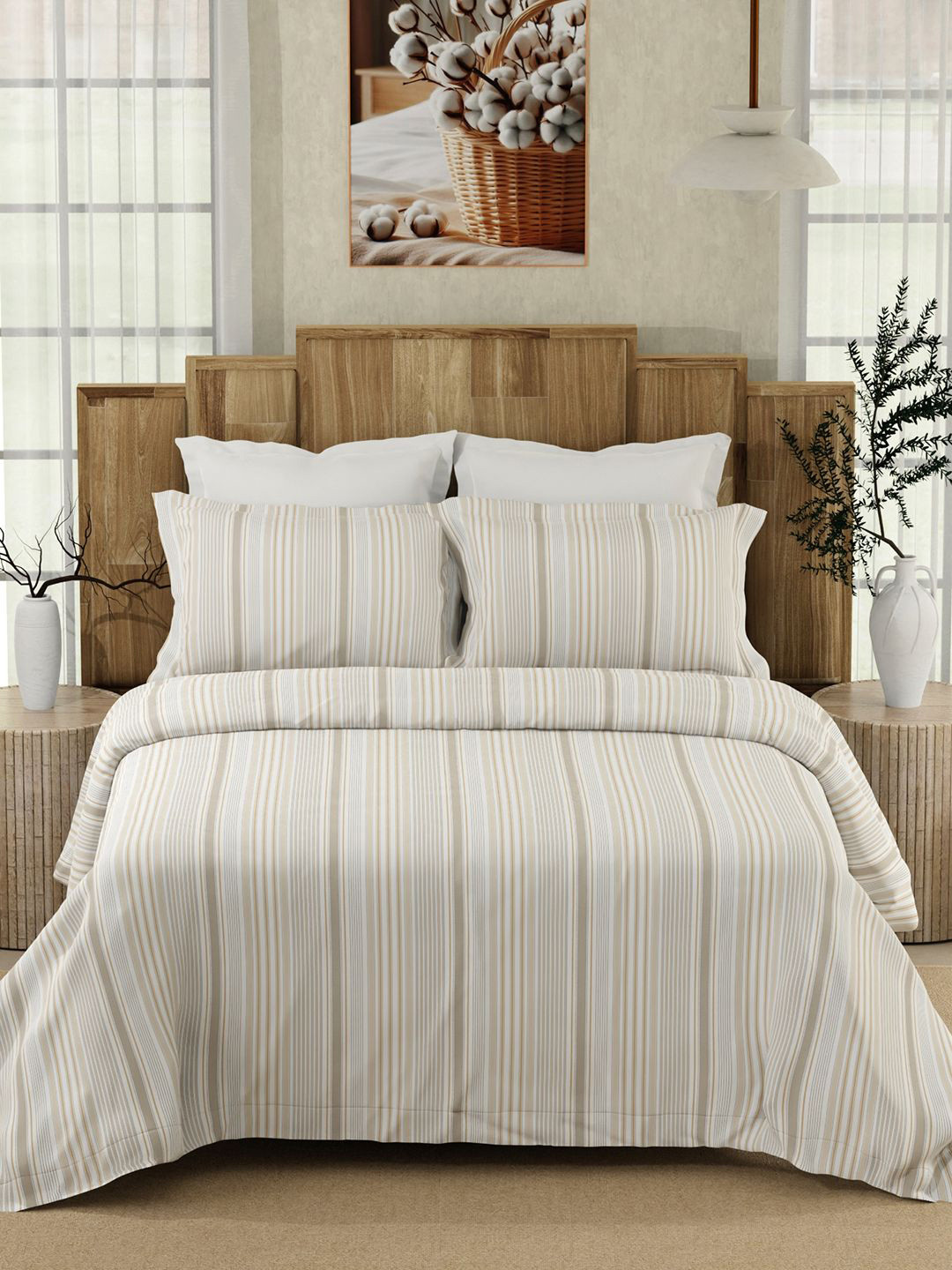 Color Sense White & Brown Striped 200 TC King Bedsheet with 2 Pillow Covers