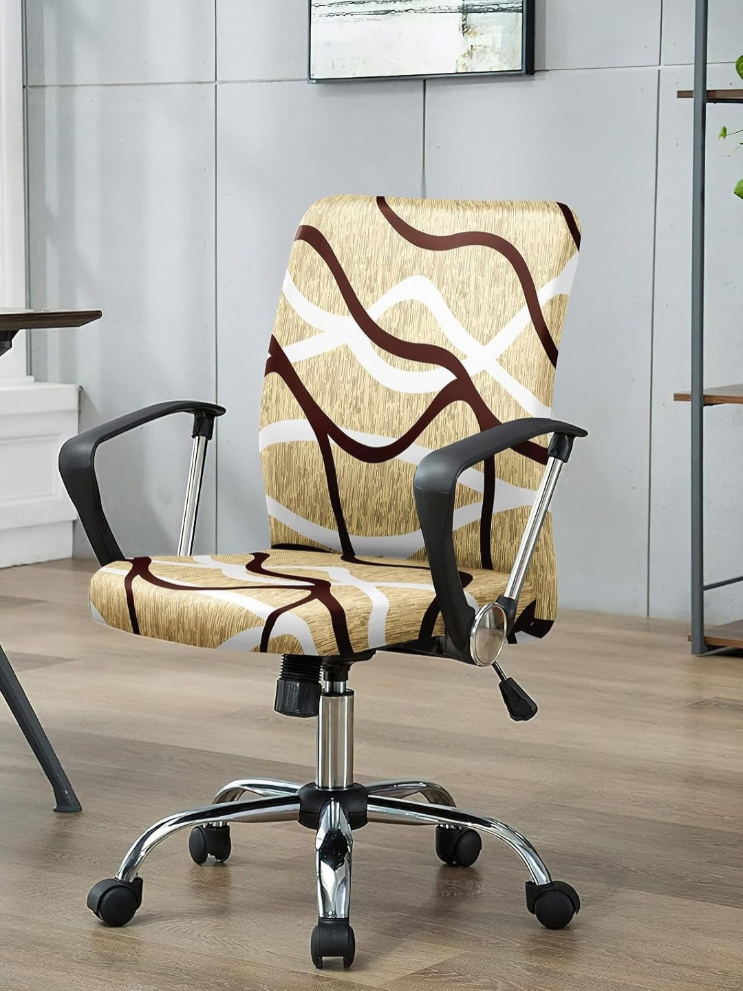 HOUSE OF QUIRK Beige Printed Durable Zipper Stretchable Desk Chair Cover