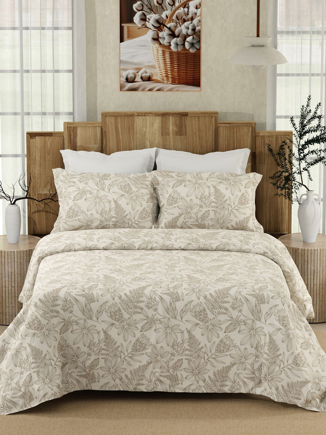 Color Sense Beige Floral 200 TC King Bedsheet with 2 Pillow Covers