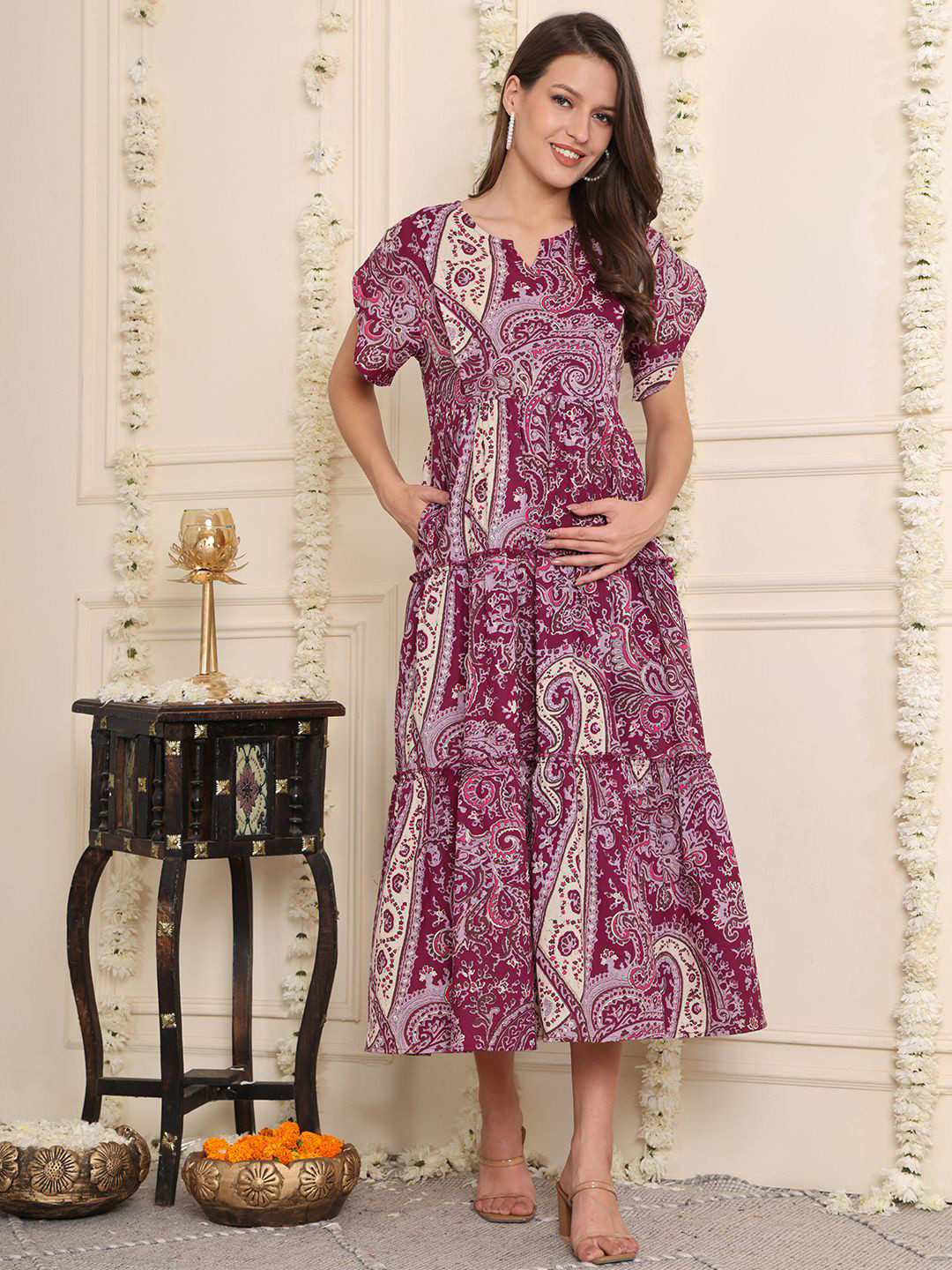 Secret Wish Floral Print Layered Maternity Fit & Flare Midi Dress