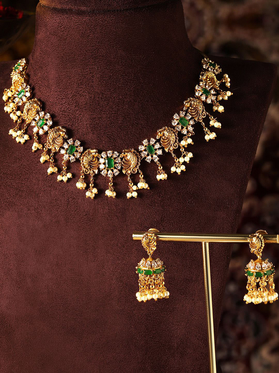 Priyaasi Gold Plated Fish Elegance Floral Pattern Stone Studded & Beaded Jewellery Set