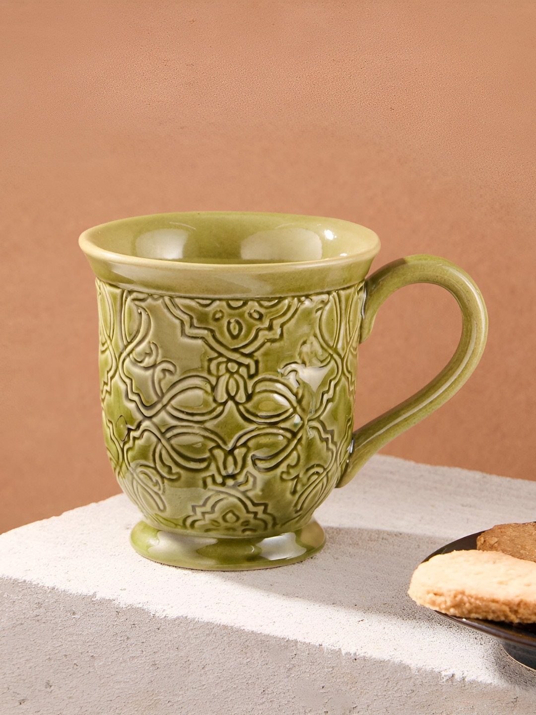 Fabindia Green Textured Ceramic Microwave Safe Mug-300ml