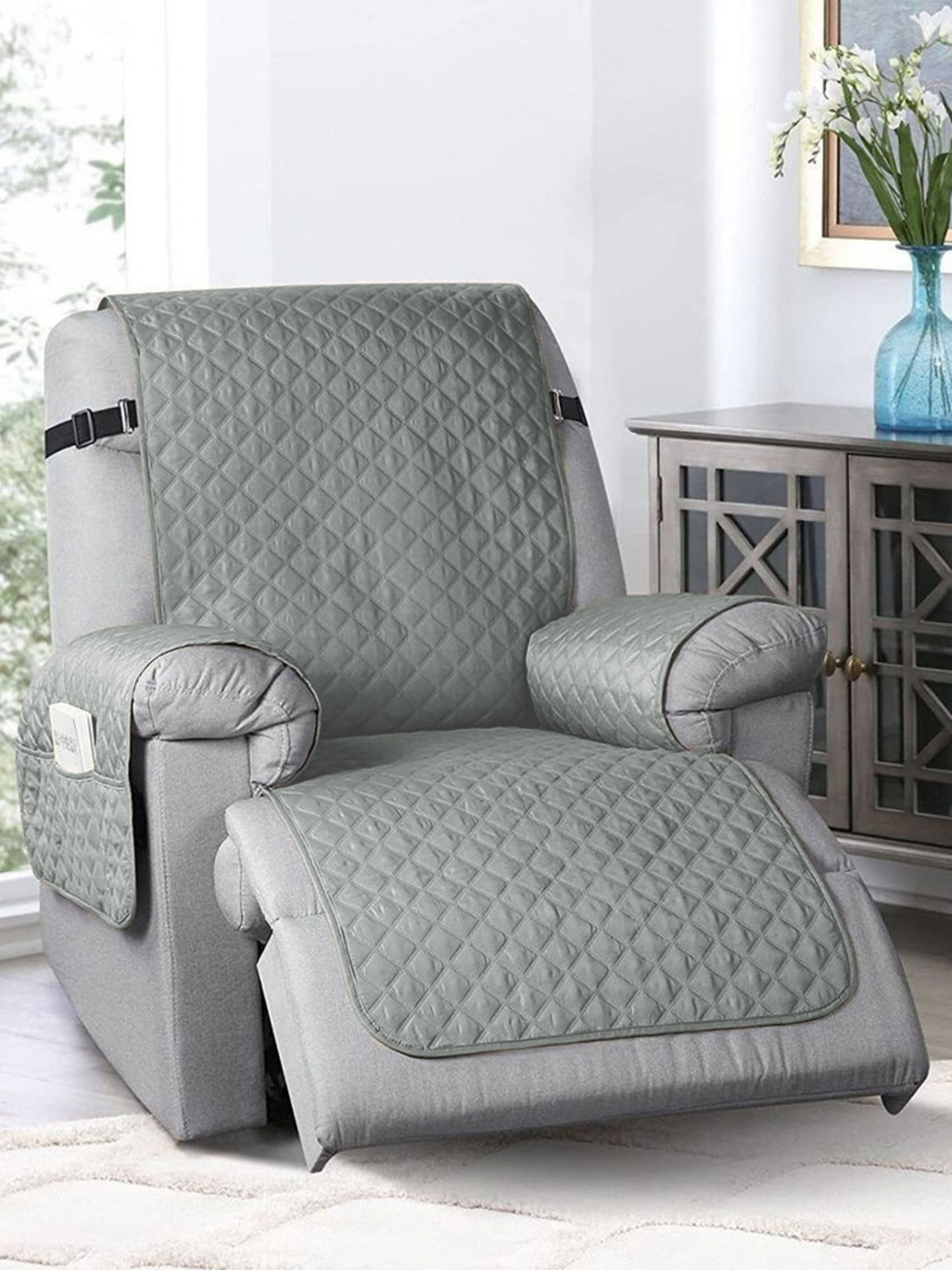 Cortina Single Seater Light Grey Solid Reversible Fitted Non Slip Recliner Couch Slipcover