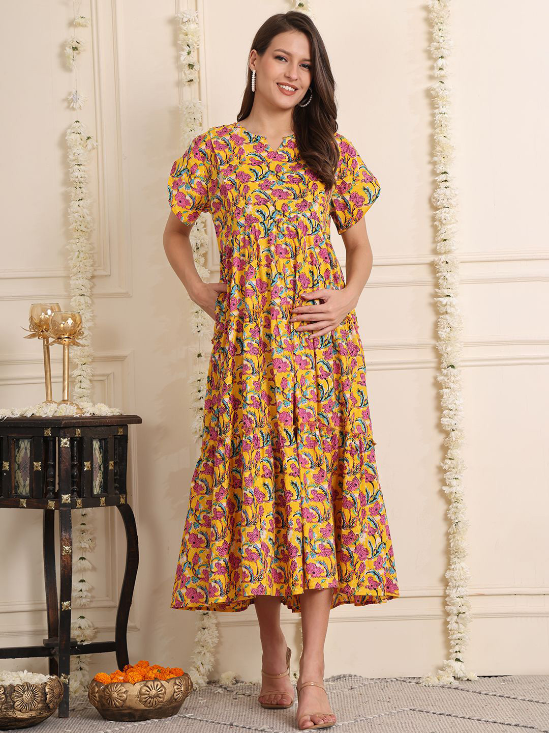 Secret Wish Floral Print Layered Maternity Fit & Flare Midi Dress