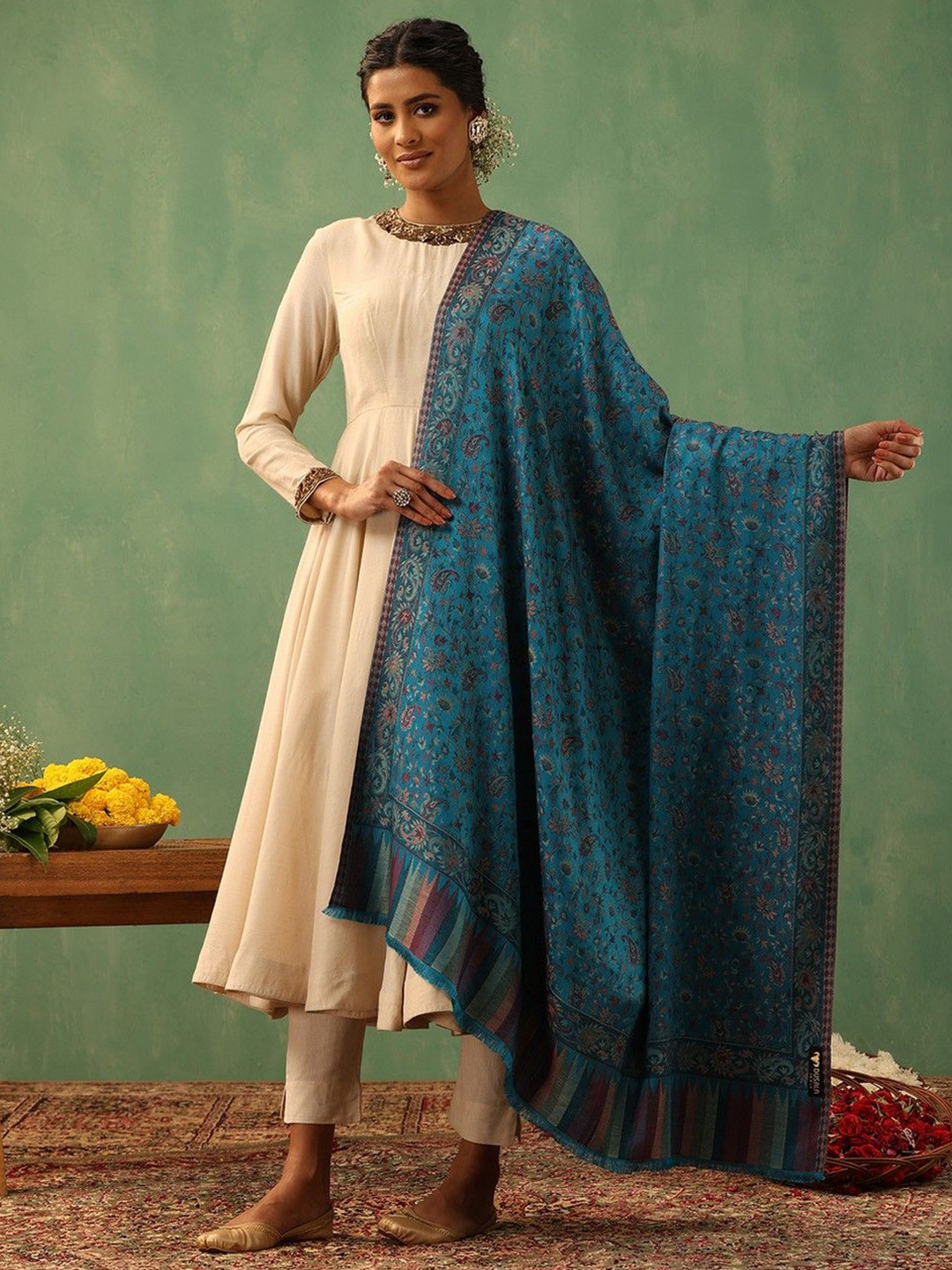 DUSALA INDIA Women Blue Woollen Shawl With Fringed Border