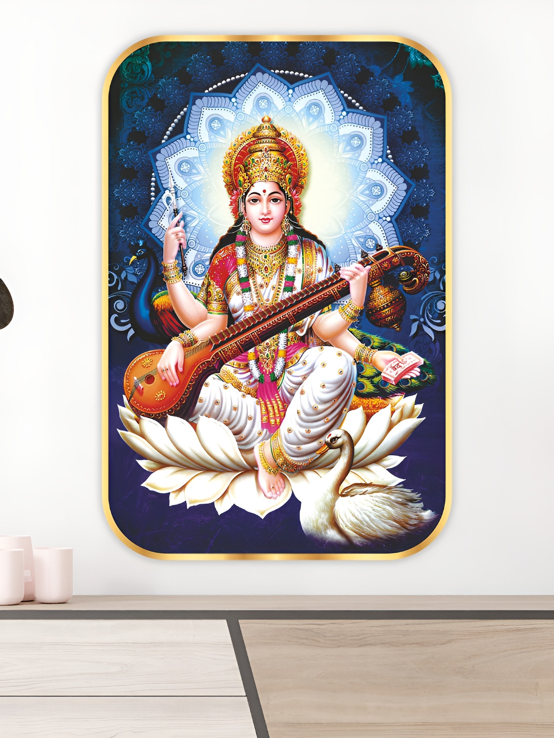 SAF Saraswati Ma Wood Wall Rectangle Paintings Wall Art