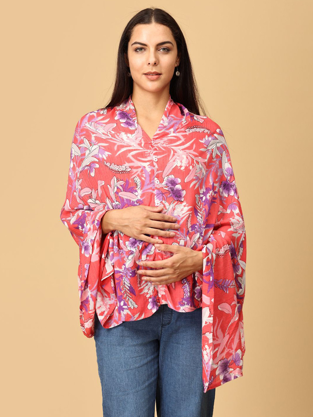 The Mom Store Floral Print Kimono Sleeve Cotton Kaftan Top