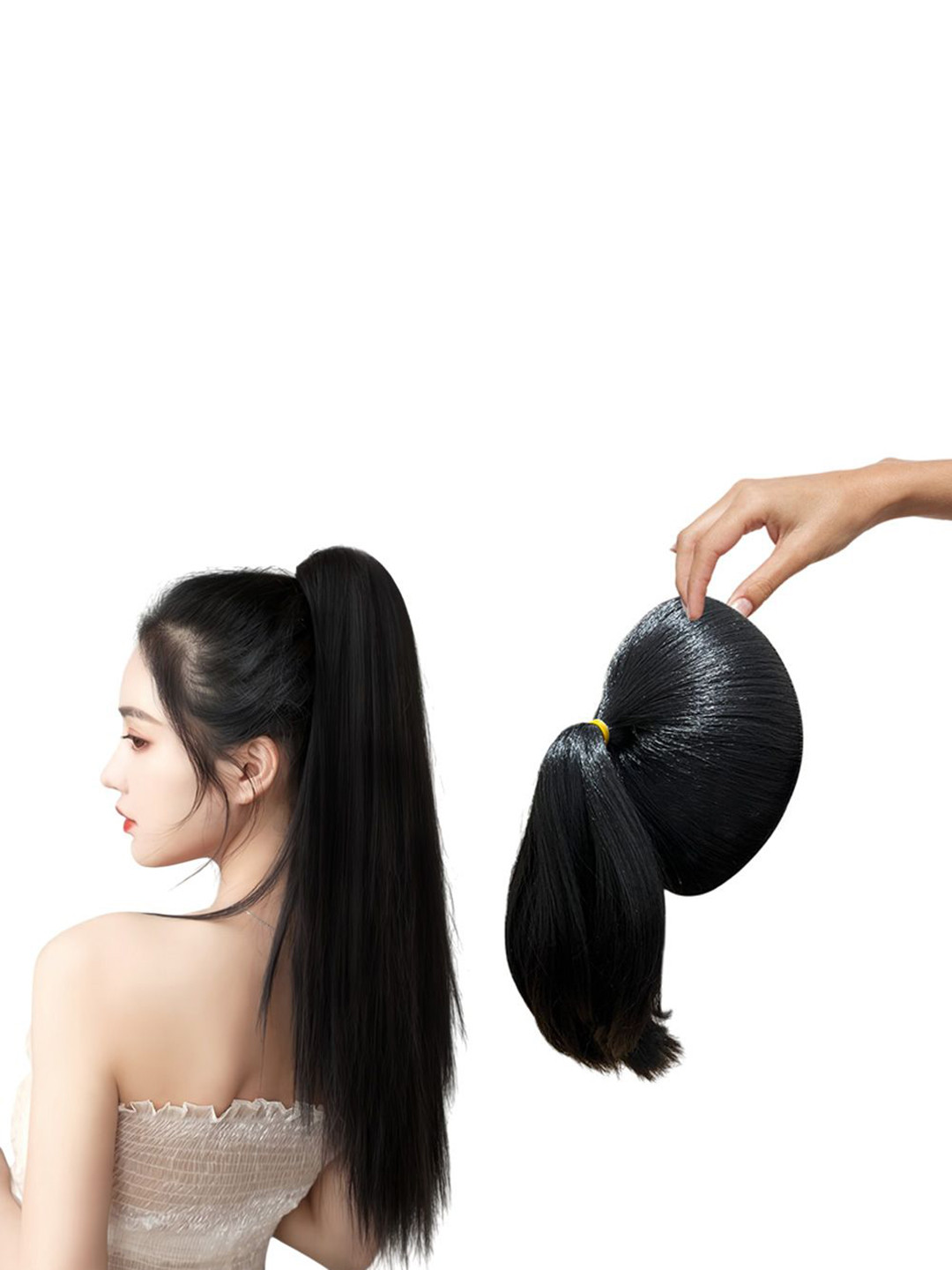 D-Divine Ball Head Wig Wrapped Flower Bud Head Ponytail Hair Extension - 35 cm - Black