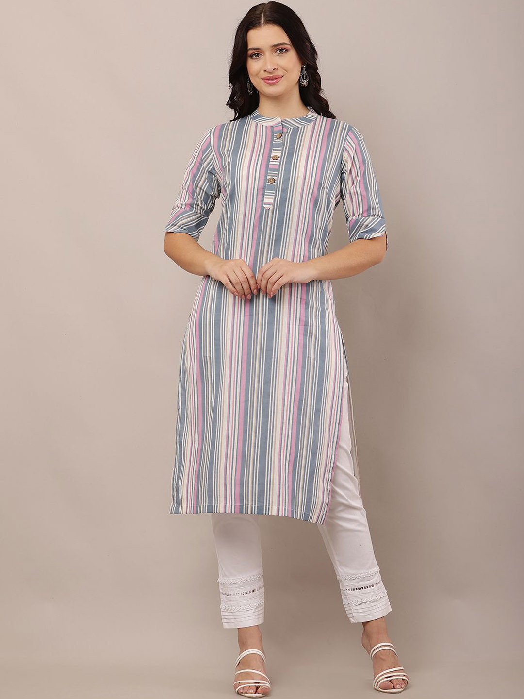 HELLO DESIGN Striped Mandarin Collar Cotton Straight Kurta