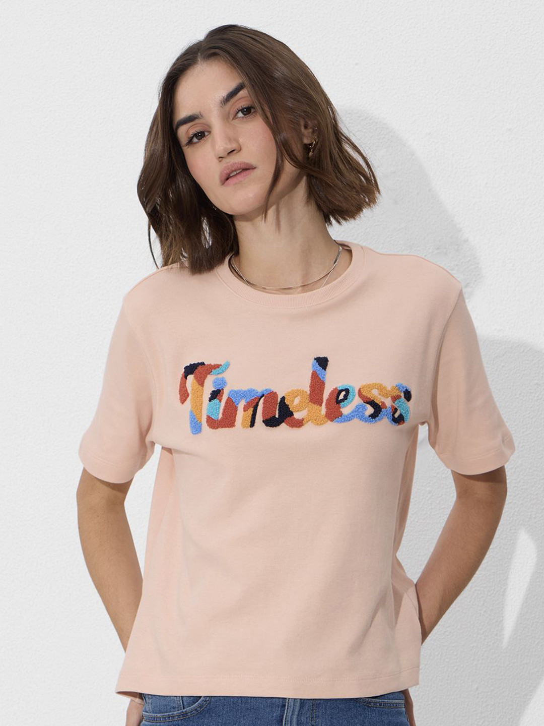 The Souled Store Women Timeless Peach Relaxed Fit T-Shirts