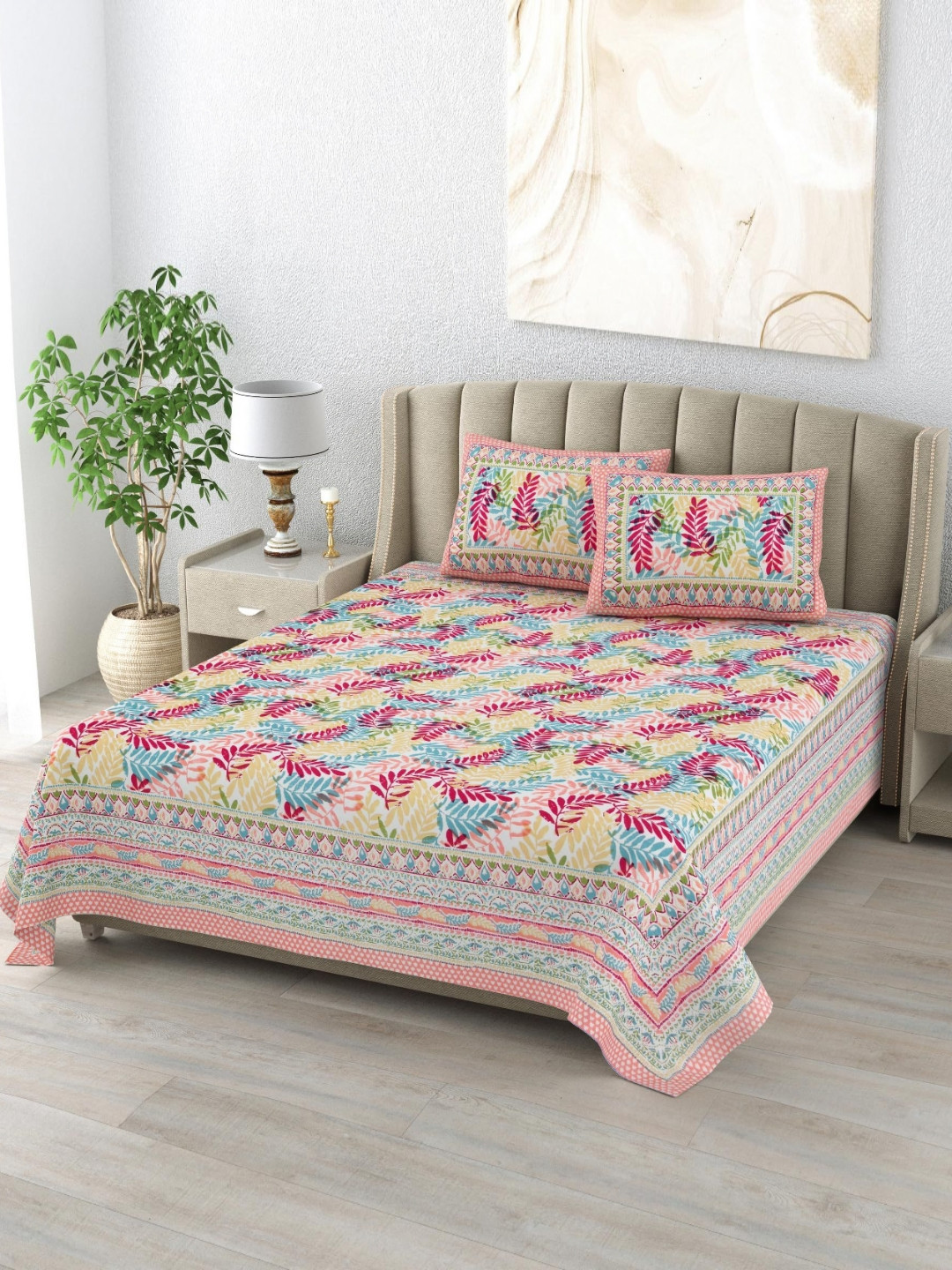 DE CAMA Since 1997 White Floral Cotton 210 TC King Fine Bedsheet with 2 Pillow Covers-90 x 108 inches