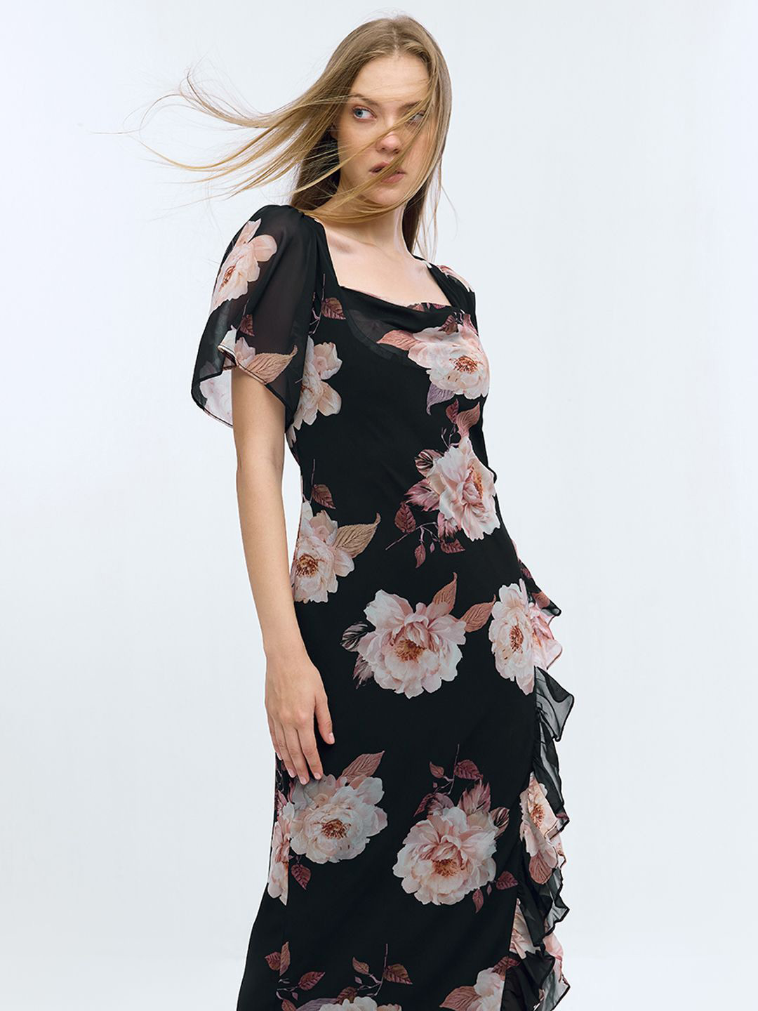 COVER STORY Floral Print Cowl Neck Flutter Sleeve Maxi Dress