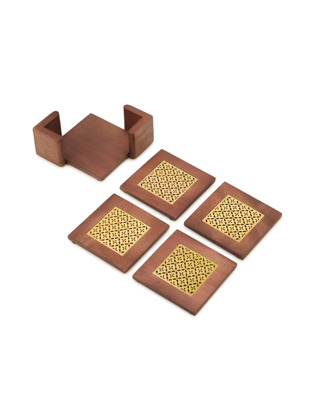 Fabindia 4-Pcs Brown Textured Brass & Metal Coasters With Holder