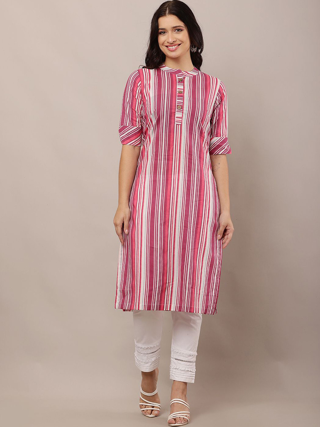 HELLO DESIGN Striped Mandarin Collar Cotton Straight Kurta