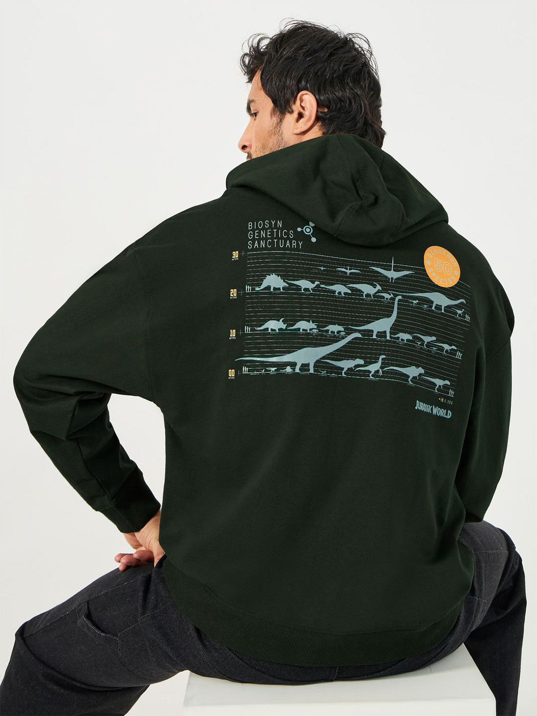 Styli Men Jurassic Park Character Printed Hooded Pure Cotton Oversized Sweatshirt