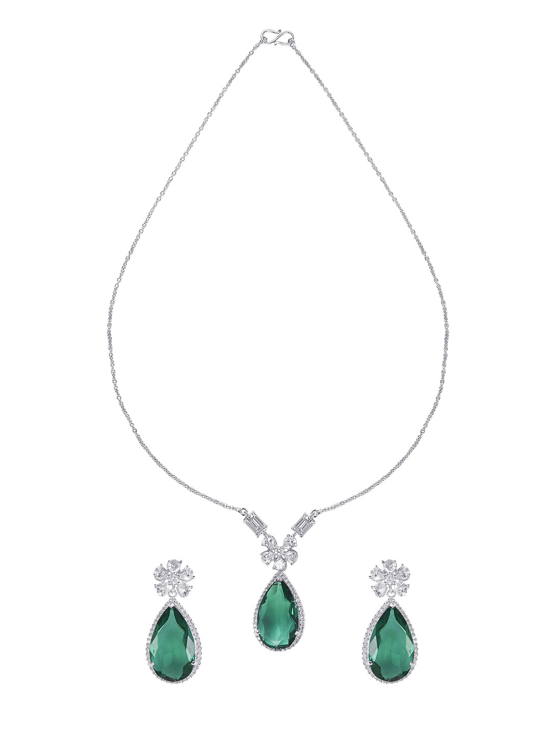 vivinia BY VIDHI MEHRA Womens Silver Plated Green Long Necklace Set with Pair of Earrings