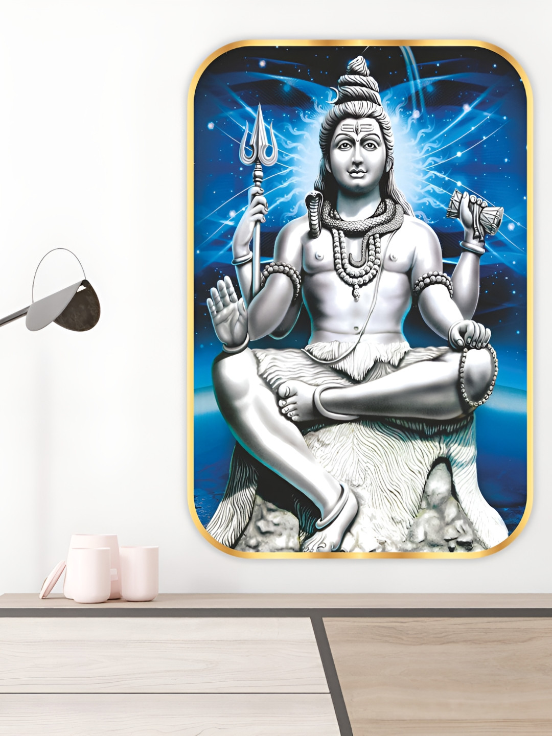 SAF Lord Shiva White Wood Wall Living Room Rectangle Potrait Paintings Wall Art
