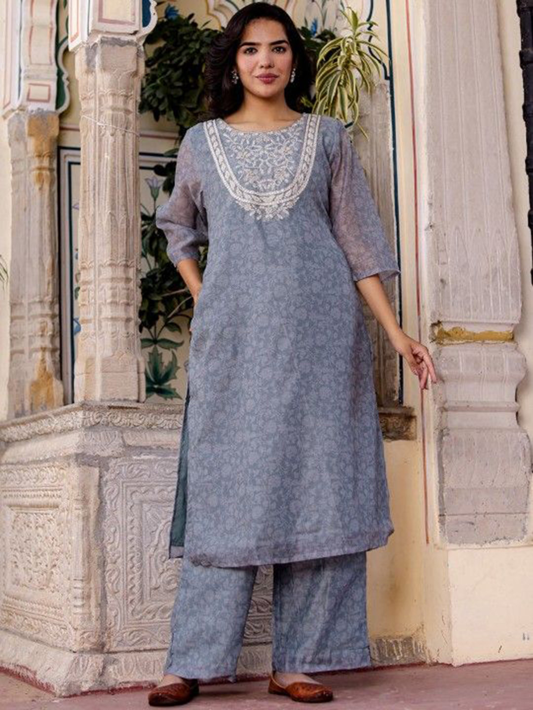 Chandbaali Floral Printed Thread Work Chanderi Silk Straight Kurta With Palazzo