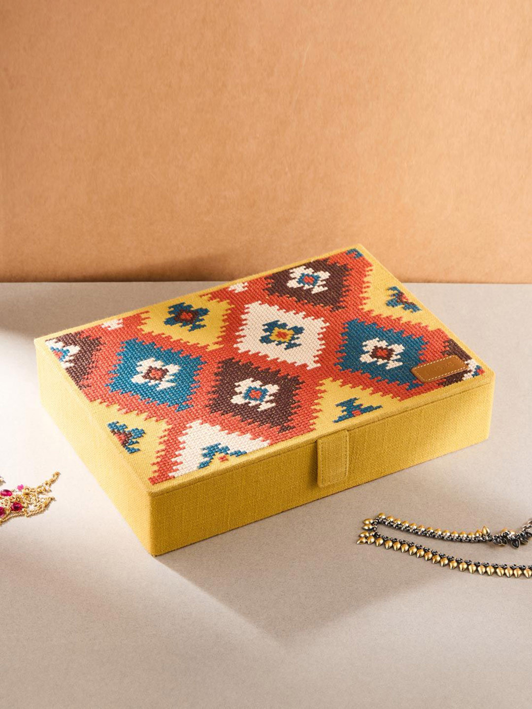 Fabindia Yellow & White Printed Rectangular Jewellery Box