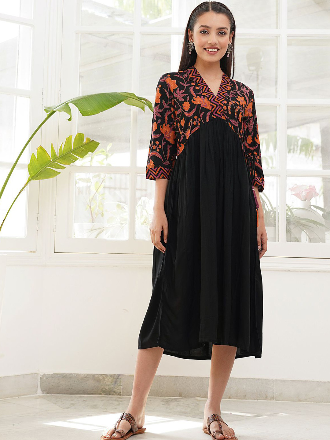Rustorange Women Black Floral Printed Empire Dress
