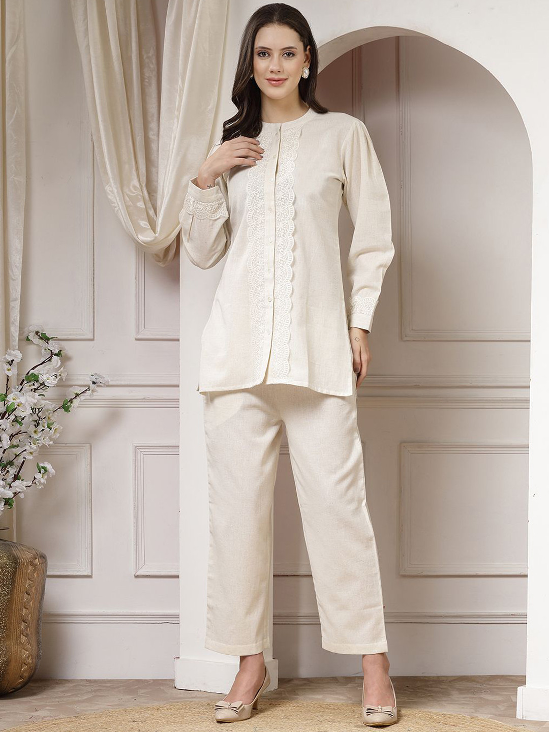 Indibelle Band Collar Pure Cotton Shirt with Trouser