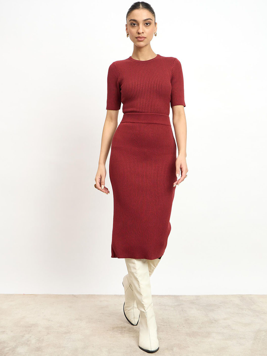 SALT ATTIRE Fedora Ribbed Round Neck Fitted Top With Midi Skirt