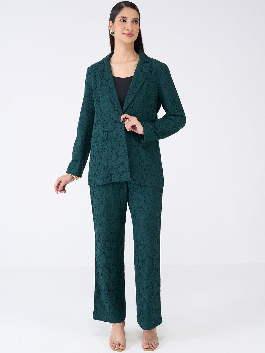 SALT ATTIRE Madison Self Design Cuban Collar Blazer With Trousers