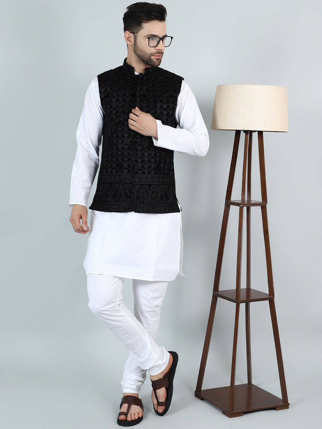 Wintage Mandarin Collar White Romance Velvet Straight Kurta with Pyjamas & Nehru Jacket
