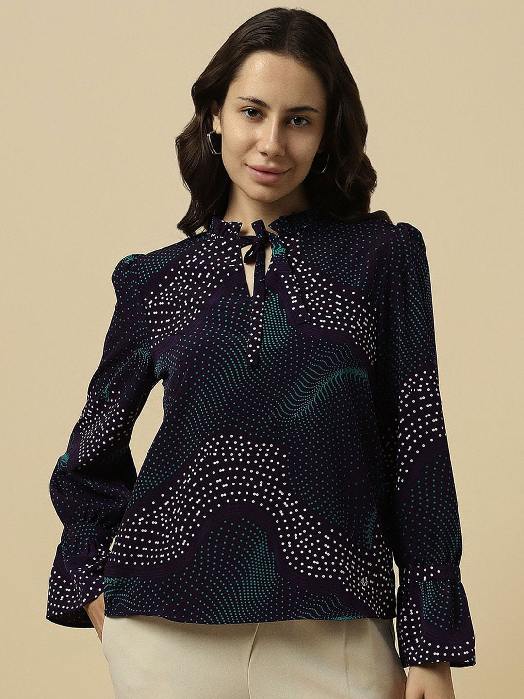 Allen Solly Woman Polka Dot Printed Tie-Up Neck Bell Sleeve Top
