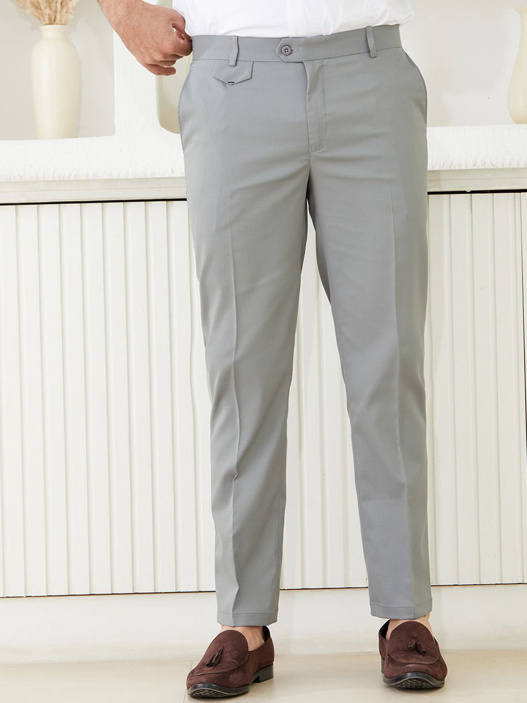 MR BUTTON Men Striped Tailored Trousers