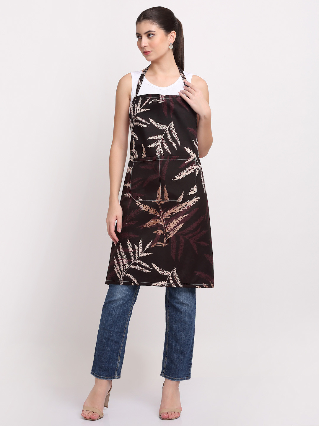 Arrabi Brown & Off White Leaf Printed Cotton Aprons With Pockets