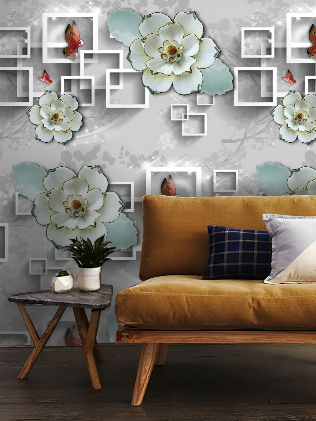 Asian royal Grey & Sea Green Floral Printed Waterproof Wallpaper