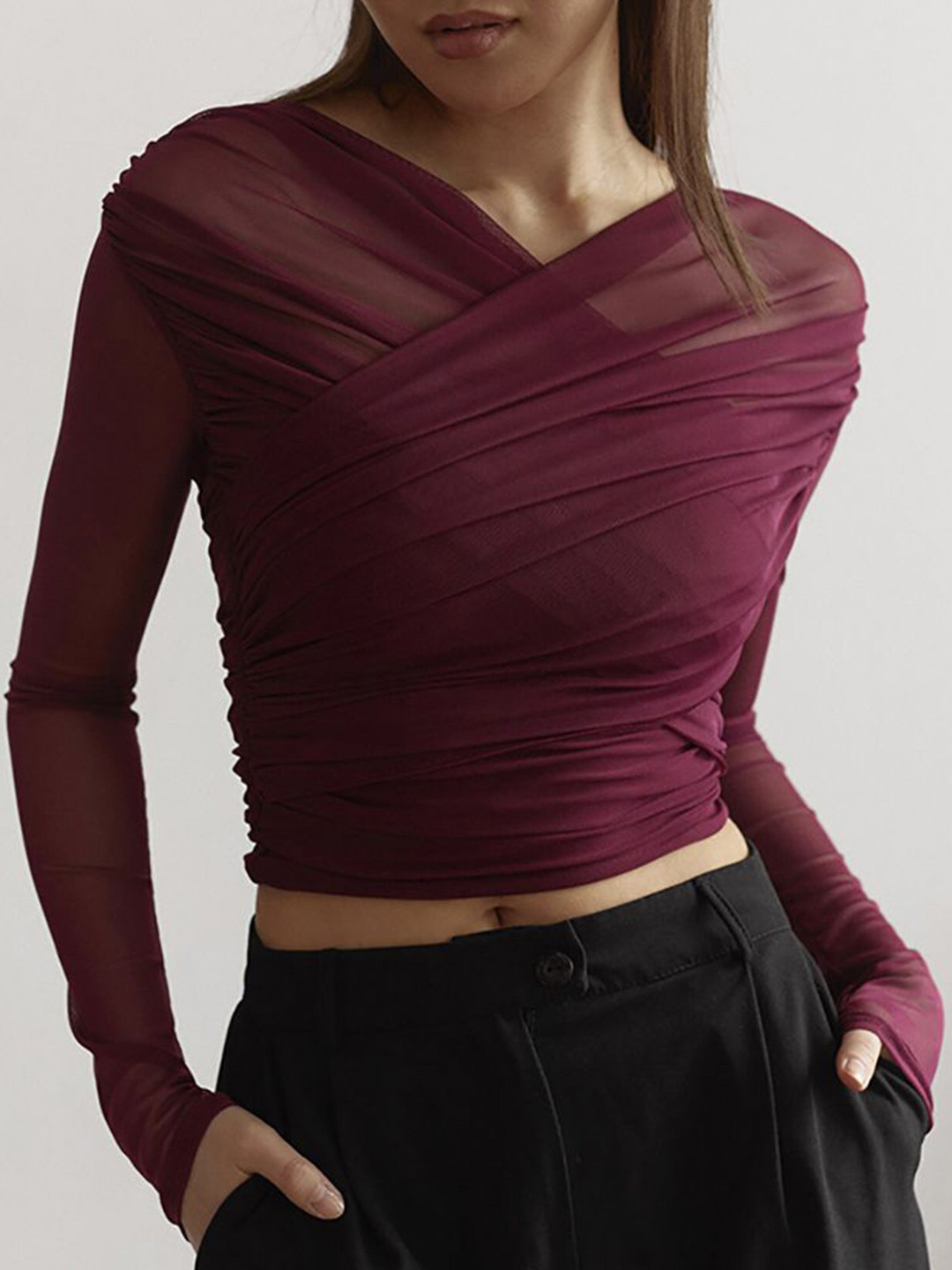 StyleCast x Revolte Women V-Neck Long Sleeves Crop Top
