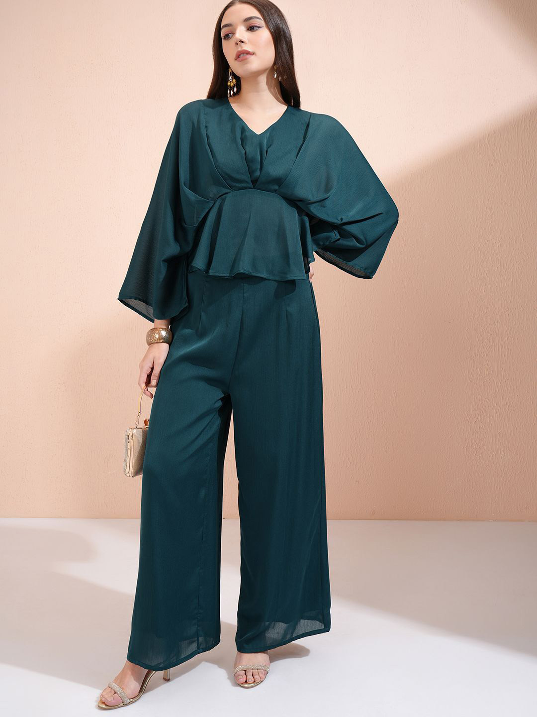 Vishudh Green V-Neck Kaftan Top With Palazzo