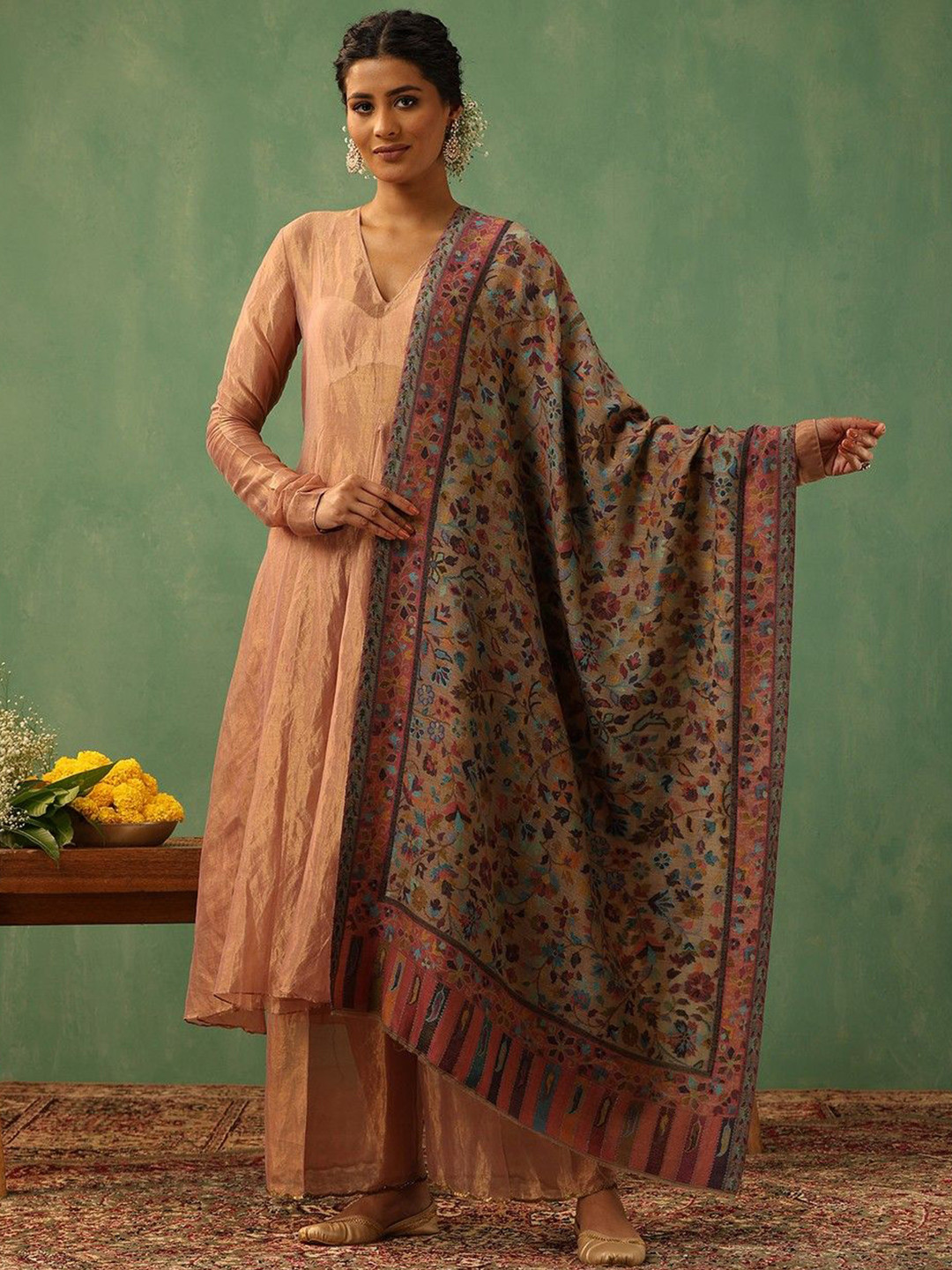 DUSALA INDIA Printed Maroon & Gold-Toned Ethnic Motifs Wool Women Shawl