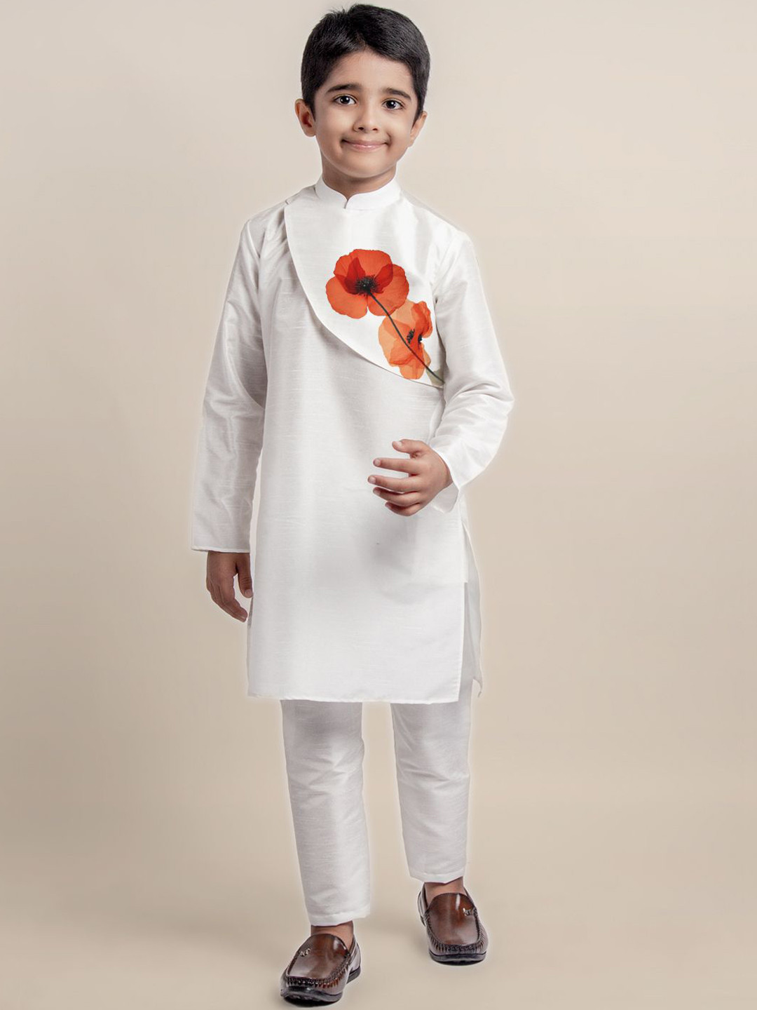 DEVOILER Boys Band Collar Floral Printed Straight Kurta