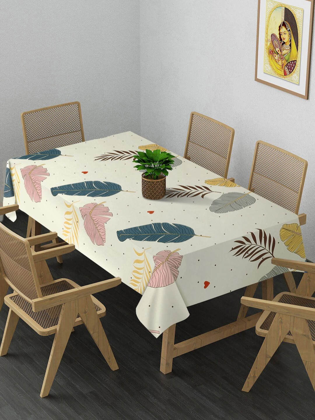 Arrabi Cream-Coloured & Yellow Floral Printed 8-Seater Table Cover