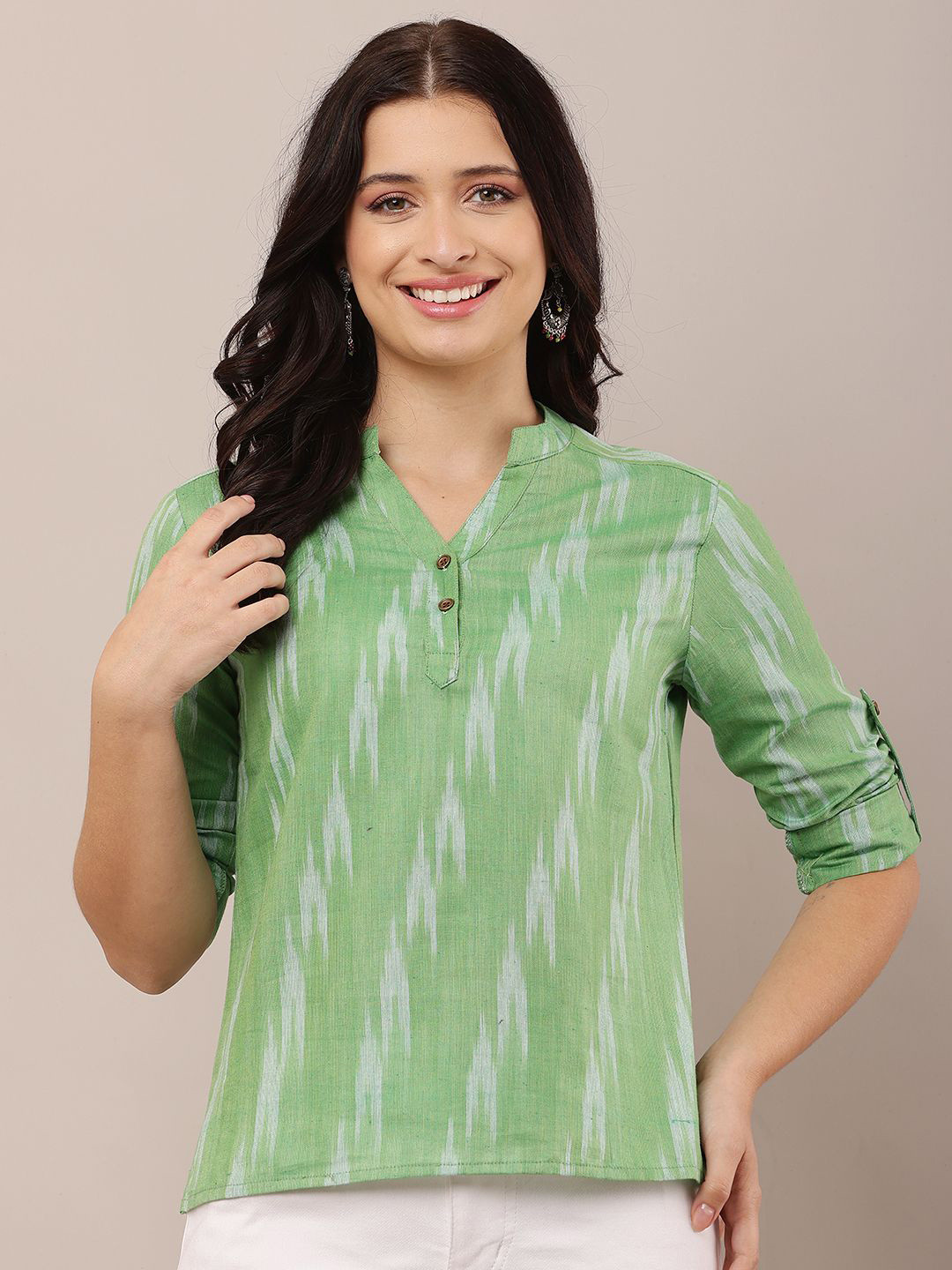 HELLO DESIGN Print Mandarin Collar Roll-Up Sleeves Cotton Top