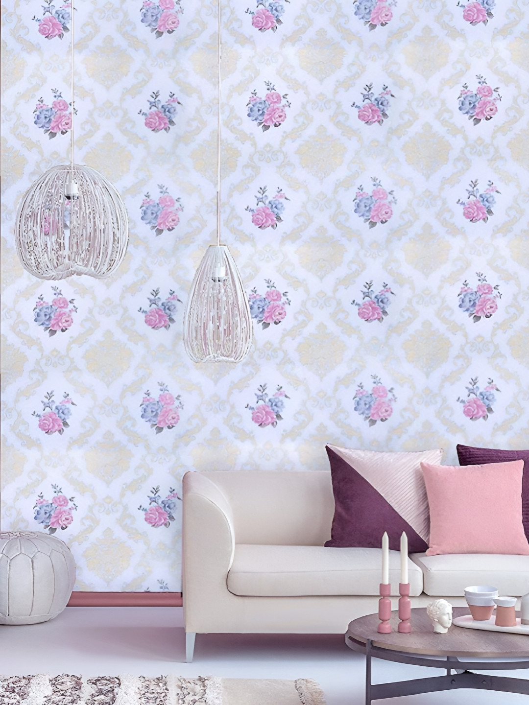 Asian royal White & Pink Floral Printed Waterproof Wallpaper
