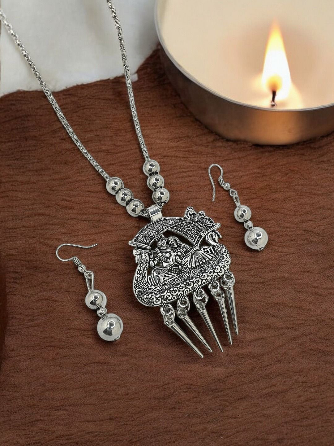 FEMMIBELLA Silver-Plated Oxidised Radha Krishna Design Jewellery Set