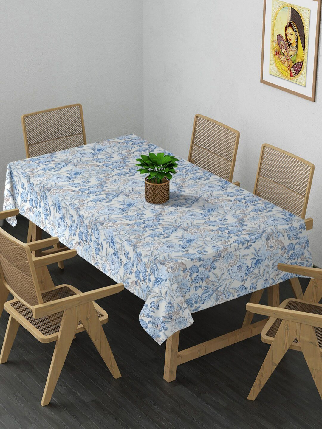 Arrabi Cream-Coloured & Blue Floral Printed 8-Seater Table Cover