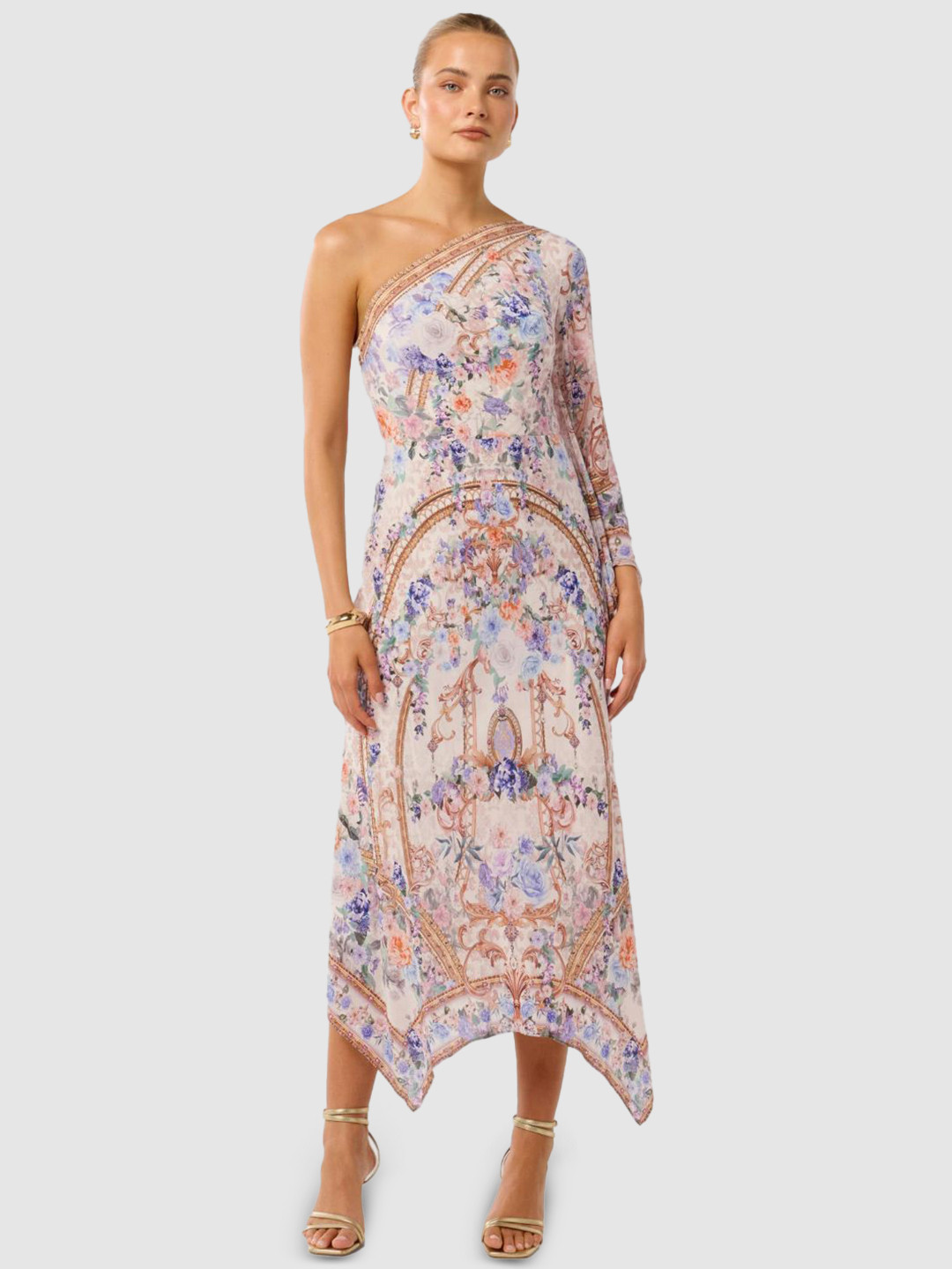 Forever New Women Floral Printed One Shoulder Flared Sleeve Sheath Midi Dress