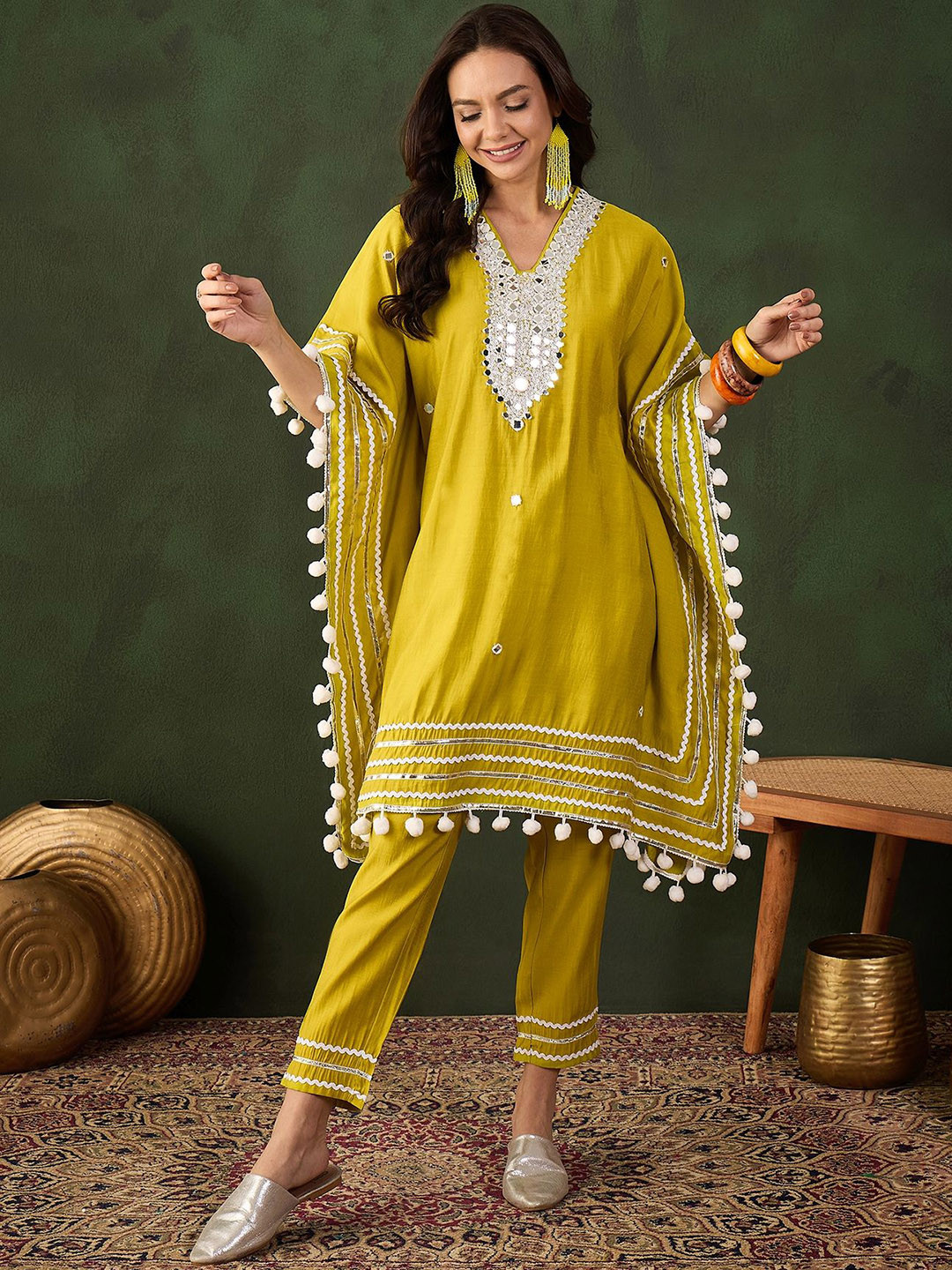 Sangria Green Geometric Embroidered Mirror Work Roman Silk Kurta With Trouser