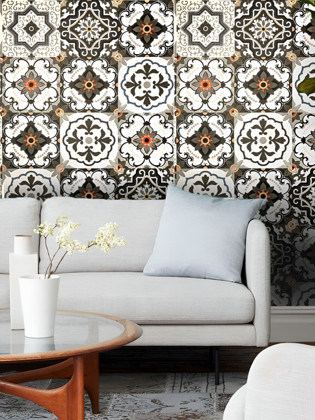 Asian royal Blue & White Ethnic Motifs Printed Waterproof Wallpaper