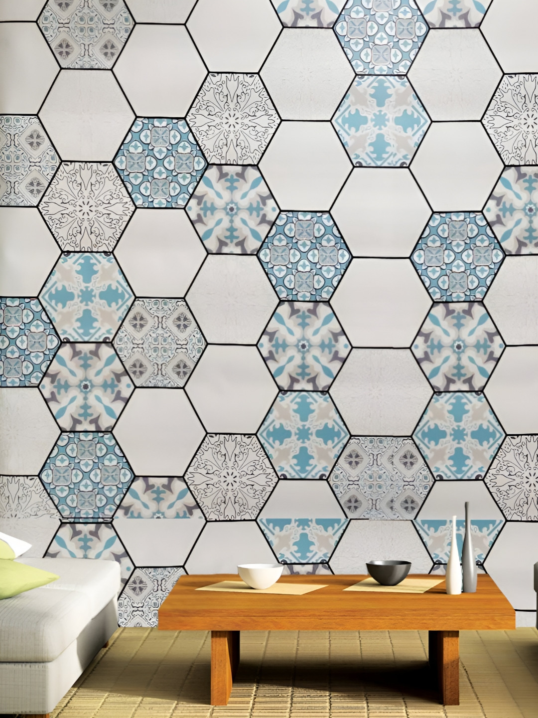 Asian royal Grey & Blue Geometric Printed Waterproof Wallpaper