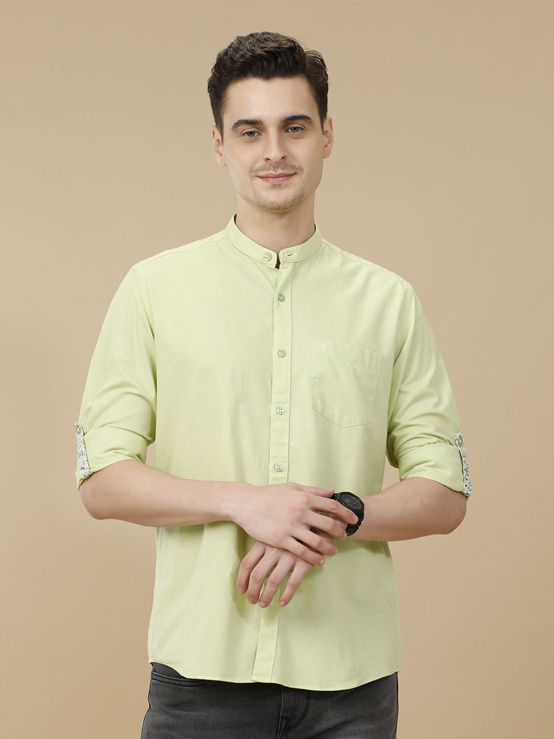 CAVALLO by Linen Club Contemporary Slim Fit Mandarin Collar Roll-Up Sleeves Casual Shirt