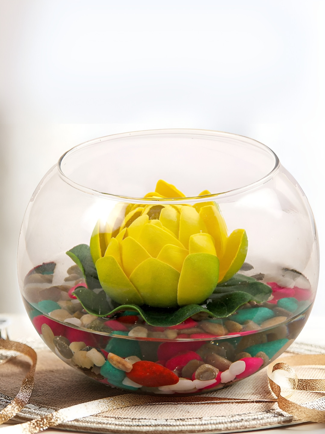 TIED RIBBONS Transparent & Yellow Round Shaped Glass Vase With Lotus Flower